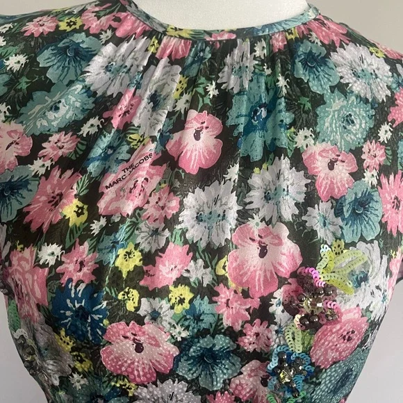 Marc Jacobs Pink and Green Floral Midi Dress with Waist Tie - Picture 4 of 6